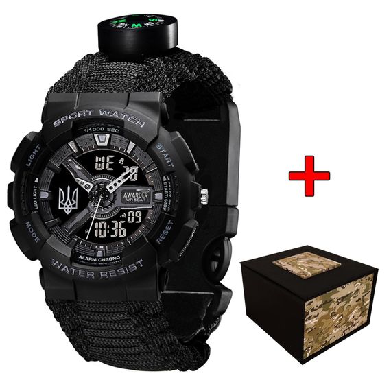 Чоловічий годинник Awarder 005 Тризуб срібло Black + Паракордовий ремінець Black