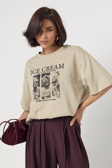 Бавовняна футболка вільного крою з написом Ice Cream - кавовий цвет, ONE SIZE (є розміри) | Зображення 4