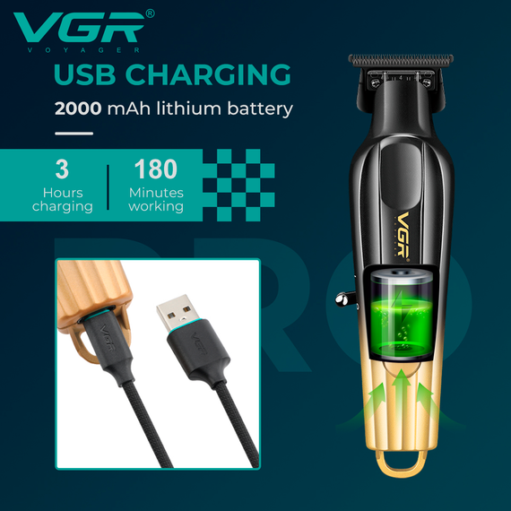 Триммер для стрижки аккумуляторный VGR V-935 GREEN, 5 насадок, 7000 RPM, LED дисплей | Зображення 7