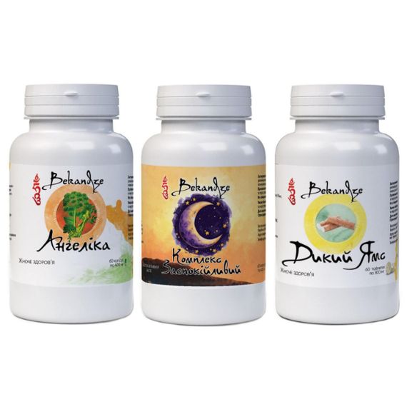 Комплекс при менопаузі Bekandze Ангеліка (Дуднік китайский) + Комплекс Заспокійливий + Дикий Ямс 60+60+60 Tabs