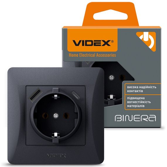 Одинарна розетка із заземленням з USB+USB-C чорний графіт VIDEX BINERA VF-BNSK1GUC-BG | Зображення 3