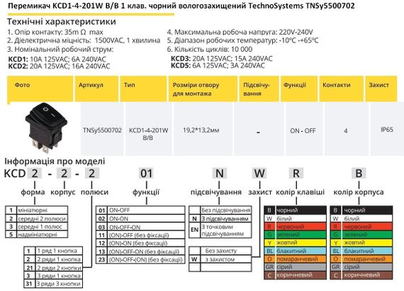 Перемикач KCD1-4-201W B/B 1 клавіша чорна вологозахищена Ny95500702 | Зображення 1