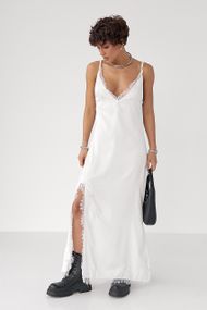 Атласна сукня на бретелях із мереживом - білий цвет, ONE SIZE (є розміри)