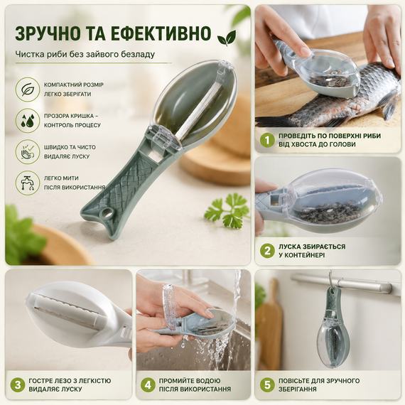 Скребок для риби з контейнером / Рибочистка ручна для чищення луски / Інструмент для чищення риби, пристрій для зіскоблювання луски з кришкою | Зображення 3