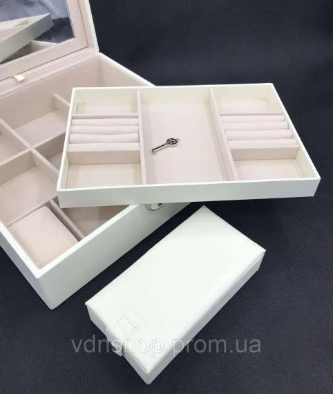 Скринька для прикрас стьобана з великим дзеркалом, що відкидається, маленька скринька всередині колір слонова кістка | Зображення 5