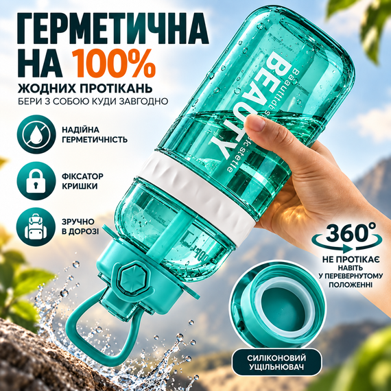 Пляшка Beauty 1500 мл для активного відпочинку з трубочкою та стильним ременем Блакитна | Зображення 2