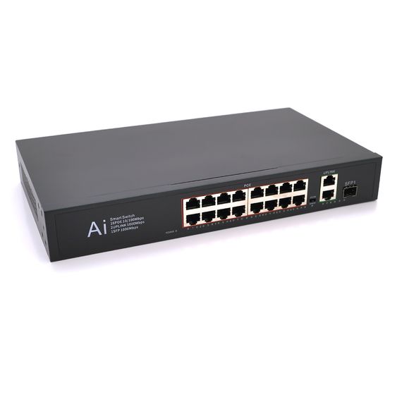 POE комутатор Merlion 16 POE 10/100 + 1 Single Fiber Tx 1310nm 20km + 2 RJ45 10/100/1000 + вбудований блок живлення 52V 4.8A