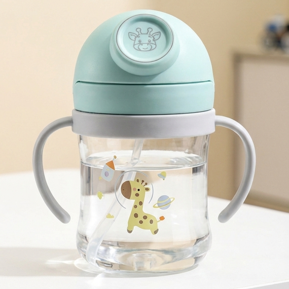 Детский поильник-непроливайка (250 мл) с тяжелой силиконовой трубочкой и ручками "Жираф" (Мятный) | Зображення 1
