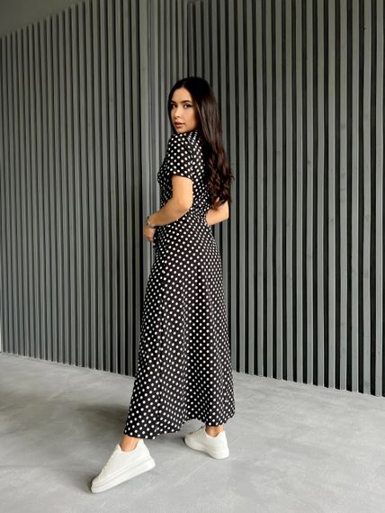 Женское летнее длинное платье в горох на запах софт PA293  цвет черный размер 42/44 (S) | Зображення 6