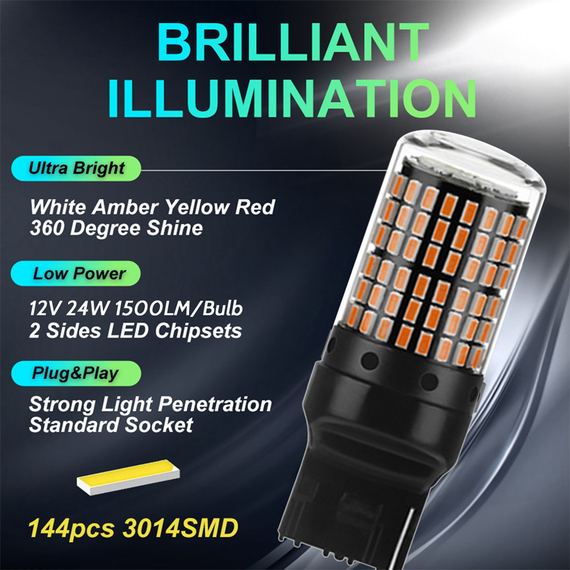 Помаранчева світлодіодна автолампа Т20 W21/5W 7443, 3014х144smd, 24 Вт, 12-24В | Зображення 3