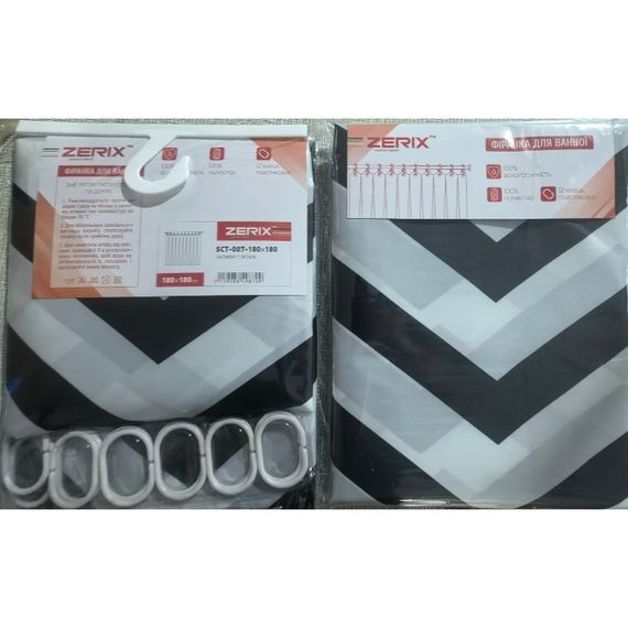 Шторка для ванної ZERIX SCT-007-180x180 з поліестеру (Візерунок "Зигзаг" біло-чорний) (ZX4987) | Зображення 2