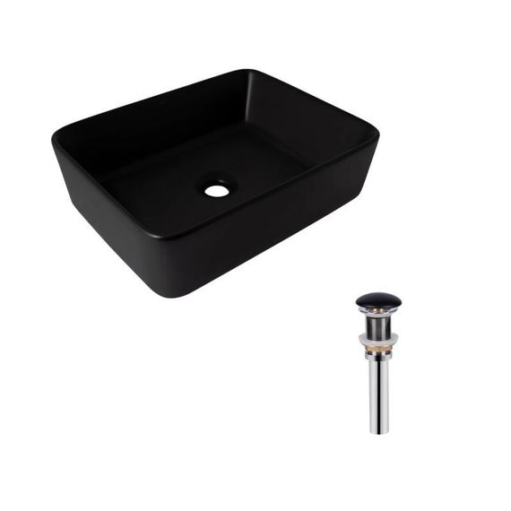 Комплект Qtap Tern: Раковина накладна прамокутна 480х370х135 мм Matt Black + Донний клапан PU03