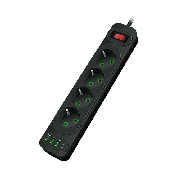 Мережевий фільтр F24U, 4 розетки EU+3 USB+PD, кнопка включення з індикатором, 2 м, 3х0,75мм, 2500W, Black, Box