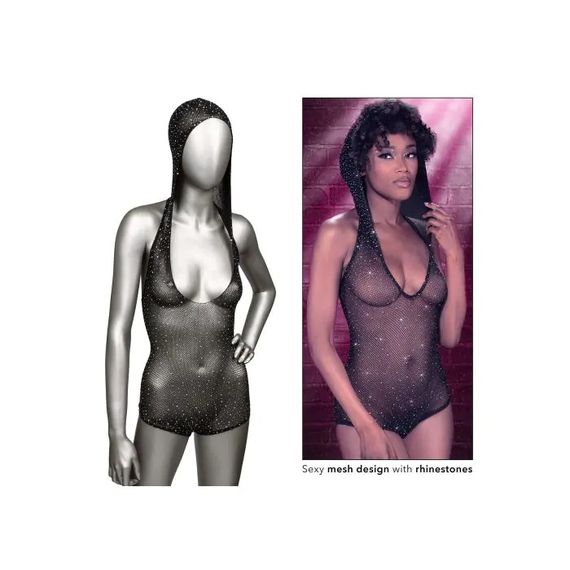 Боді-сітка в стразах із капюшоном CalExotic Hooded Deep V Bodysuit, чорний | Зображення 2