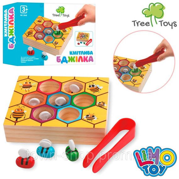 Деревянная игрушка "Сообразительная Пчелка" MD 2848 игровое поле/соты, щипцы и 7 пчелок | Зображення 1