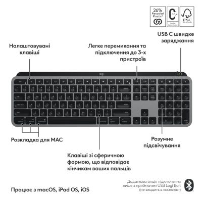 Клавиатура Logitech MX Keys S для MAC Bluetooth/Wireless UA Space Grey (920-011637) | Зображення 6
