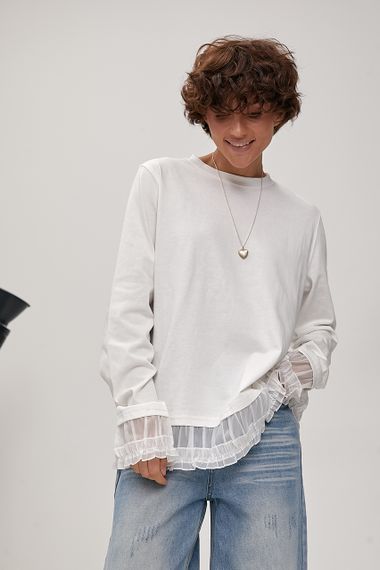 Вільний лонгслів з рюшами - молочний цвет, ONE SIZE (є розміри) | Зображення 4