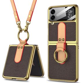 Шкіряний чохол GKK with ring and strap для Samsung Galaxy Z Flip4 Brown, Метал
