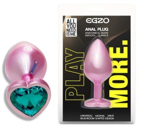 Анальная пробка EGZO Pink Perl Heart Plug S с бирюзовым кристаллом, металлическая Sex Aura