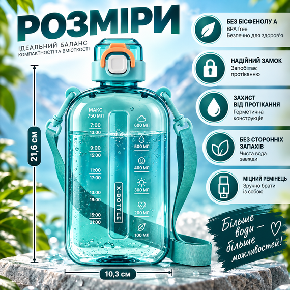 Спортивна пляшка для води SPORT 750 мл з ремінцем — багаторазова BPA-free пластикова пляшка з герметичною кришкою, бірюзова | Зображення 2