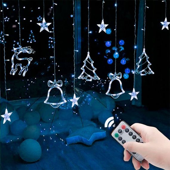 Гірлянда штора 2,5 м від мережі, з фігурками 12шт, Синій / Новорічна світлодіодна гірлянда на вікно
