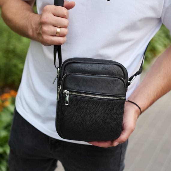 Чоловіча шкіряна барсетка 21х17х7, сумка для міста, компактний месенджер для щоденного використання, чорна | Зображення 3