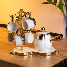 Кофейный сервиз на подставке с кофейником 450 (мл) 6 чашек по 90 (мл) подарочный набор чашек на подставке Белый с золотом FM-JJ-3