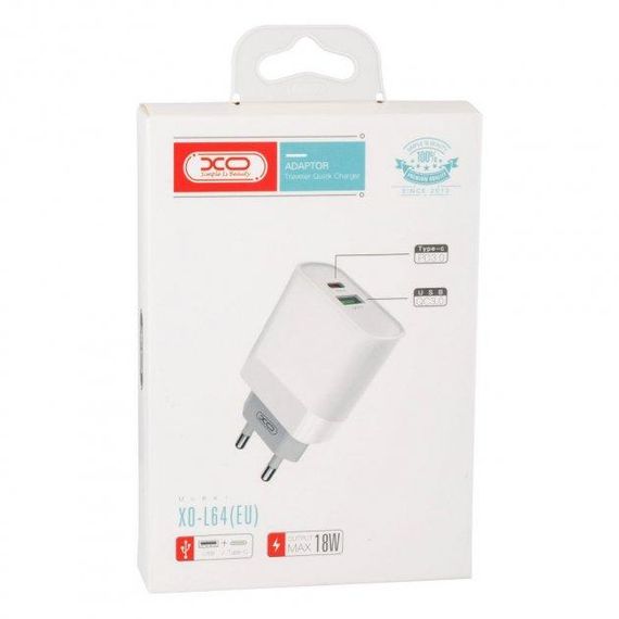 Сетевое зарядное устройство XO L64 PD QC3.0 18W 1USB + 1 Type-C white | Зображення 1