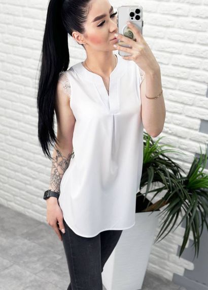 Женская легкая летняя удлиненная блуза с кружевом GF04171 цвет белый, размер 46 | Зображення 2