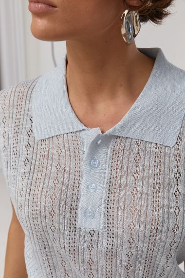 Однотонне вільне поло ажурної в'язки - блакитний цвет, ONE SIZE (є розміри) | Зображення 3
