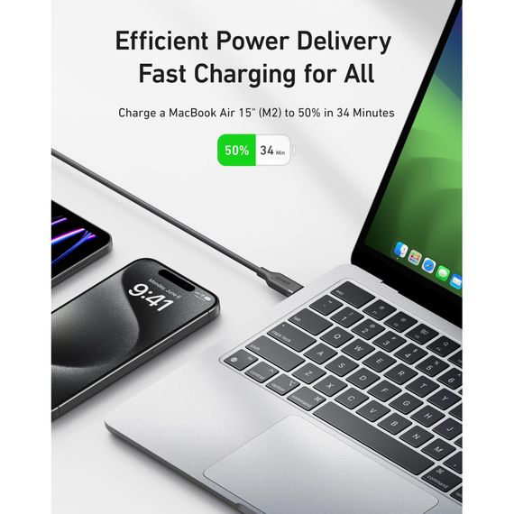 Дата кабель USB-C to USB-C 0.9m 240W 20Gbps 4K Video bio-nylon black Anker (A80N1H11) | Зображення 1