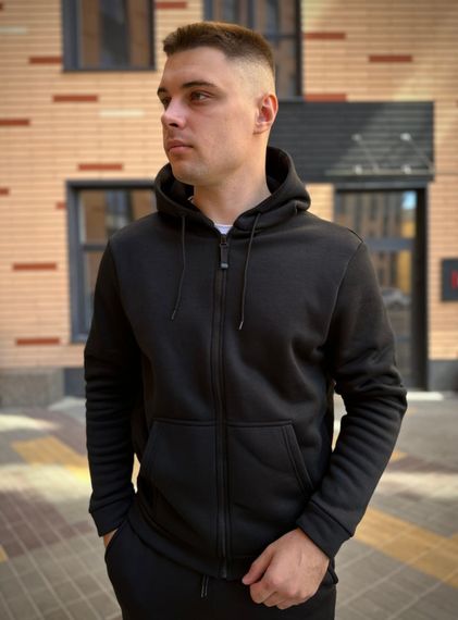 Зимовий базовий однотонний спортивний костюм з начосом чорна кофта на змійці + чорні штани RD262/RD003 | Зображення 2