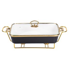 Марміт порцелянаовий із скляною кришкою 40х22.5х15.5 см на металевій підставці 2 л Чорний HTJ-1003