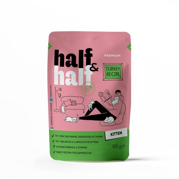 Корм влажный Half&amp;Half для котят, кусочки с индейкой в желе в форме пауча, 100 г