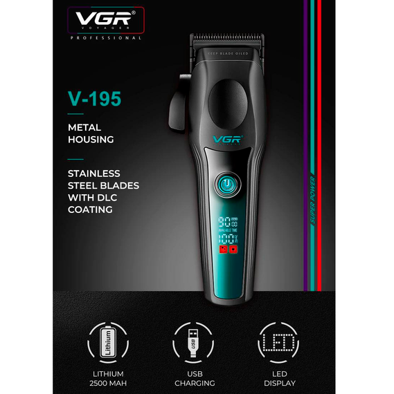 Аккумуляторная машинка для стрижки VGR V-195 GREEN, 8 насадок, 9000 RPM, 2500 mAh, LED дисплей | Зображення 8