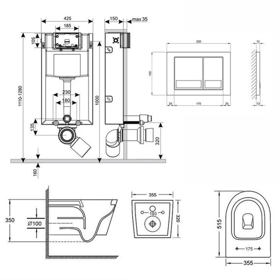 Готовое решение Qtap для ванной комнаты: подвесной унитаз Swan Rimless 520х360х320 + комплект инсталляции Nest 4 в 1 (квадратный | Зображення 1