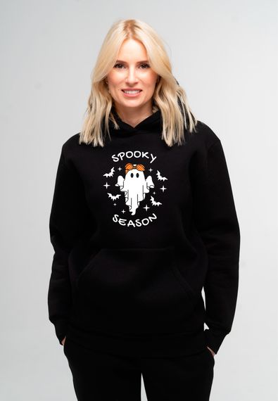 Худі жіночий утеплений чорний з принтом "Spooky season", 2XL