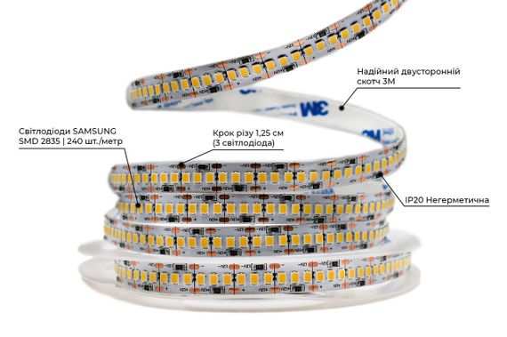 Світлодіодна LED стрічка PROLUM 12V 2835\240 IP20 Series SG Нейтральний-Білий (3800-4300K) | Зображення 2