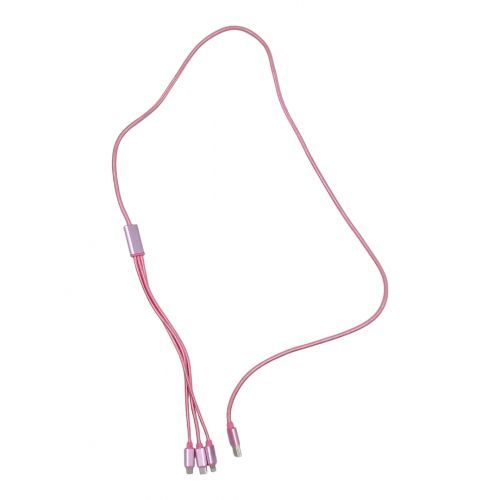 Кабель тканевый 3 в 1, MicroUSB, Type-C и Lightning (розовый)