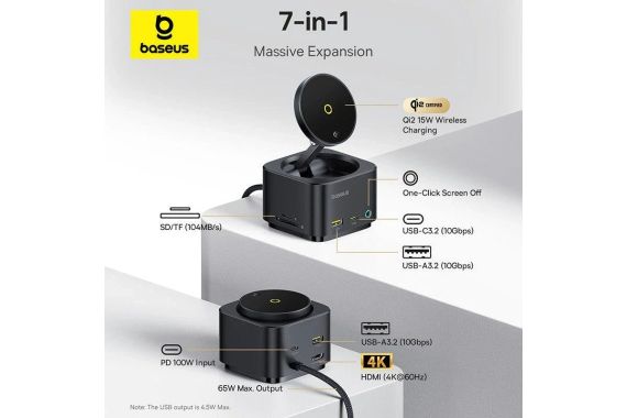 Бездротовий зарядний пристрій Baseus MagPro Series II 7-in-1 USB-C Hub with 15W Qi2 Wireless Charger | Зображення 8