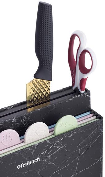 Набір 4 обробні дошки Ofenbach Black Marble 28х18х0.5см на горизонтальній підставці для ножів | Зображення 1