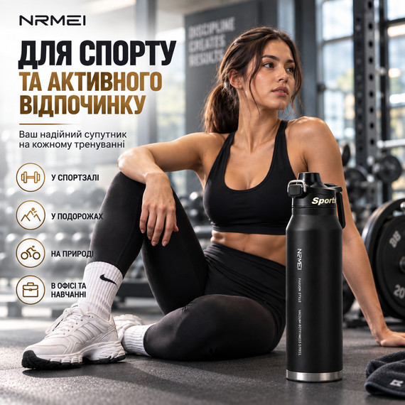 Спортивная термобутылка NRMEI 1000 мл (черная) - Вакуумная термобутылка из нержавеющей стали Fashion Style для тренировок | Зображення 5