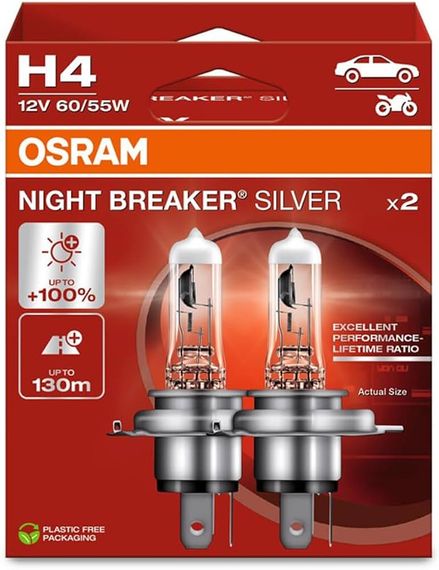Лампа H4 12V 60W P43t NIGHT BREAKER SILVER +100% OSRAM 64193NBS-HCB-DUO