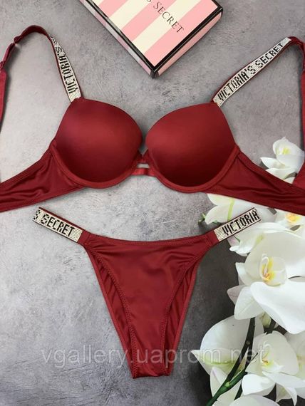 Жіночий комплект спідньої білизни Victoria's Secret зі стразами великих розмірів (85Д-90Д) Бордовий, 80C | Зображення 2