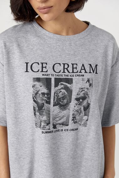 Бавовняна футболка вільного крою з написом Ice Cream - сірий цвет, ONE SIZE (є розміри) | Зображення 3