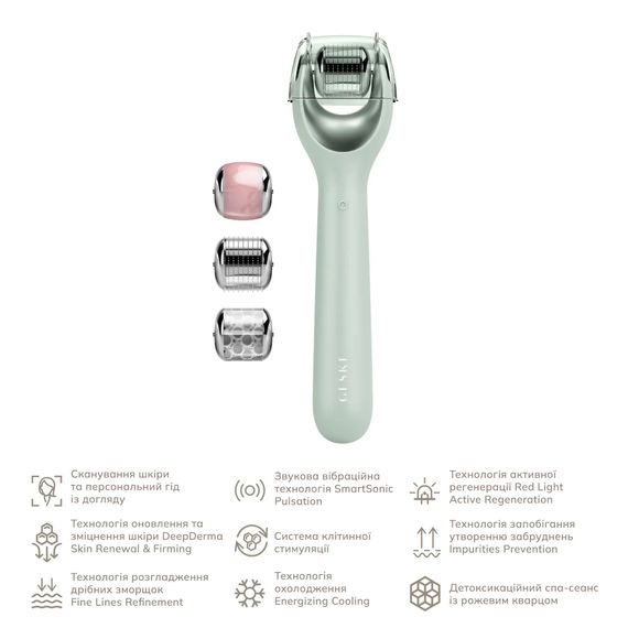 Электронный роллер для лица с микроиглами GESKE MicroNeedle Face Roller 9в1 gray, Зеленый | Зображення 1