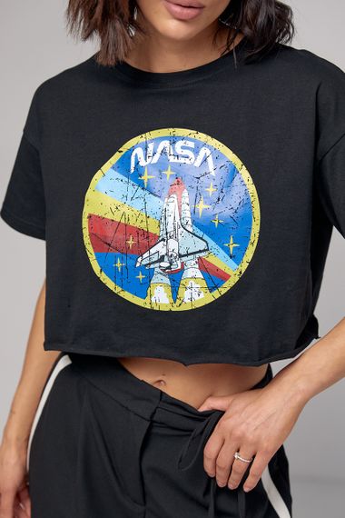 Укороченная женская футболка с принтом Nasa - черный цвет, M (есть размеры) | Зображення 3