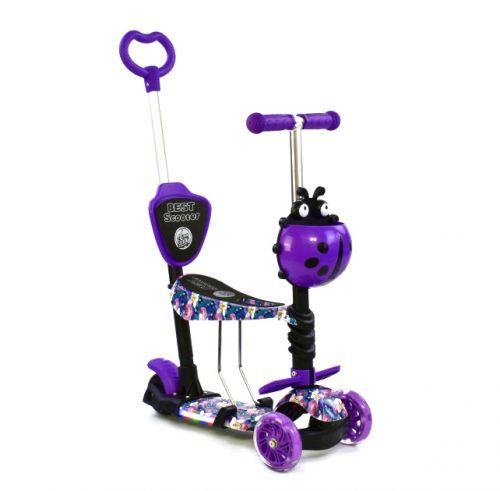 Уцінка. Дитячий самокат 5 в 1 "Best Scooter", квіточки, підсвічування платформи (фіолетовий) - тріснутий корпус спереді ( на роботу невпливає)