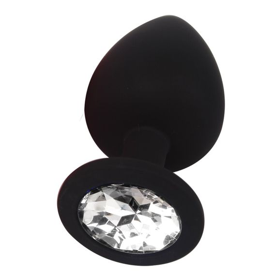 Чорна силіконова анальна пробка із прозорим кристалом (Розмір S)