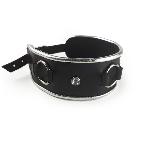 Ошейник из натуральной кожи со стразами и кольцом Art of Sex Collar Ring, Черный, One Size | Зображення 2